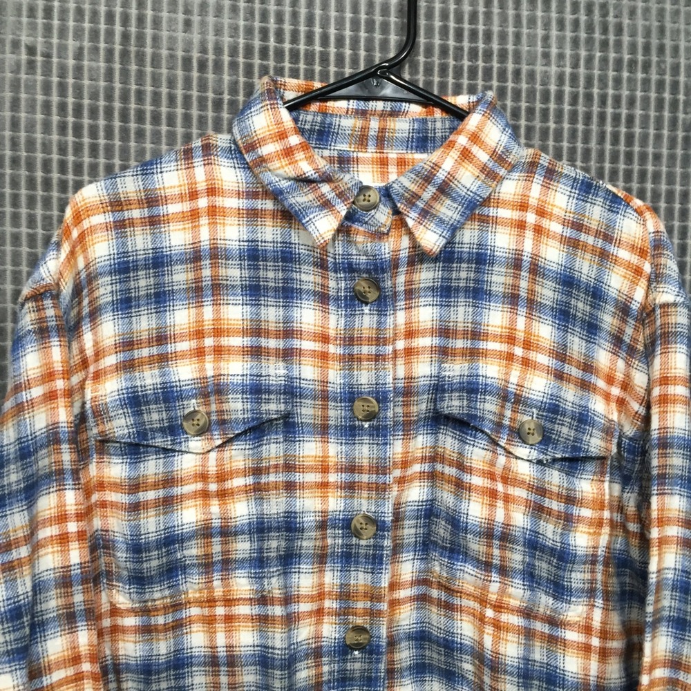 American Eagle Womens Flannel Shirt S Blue Orange Excellent Cropped Plaid Button - Picture 8 of 9